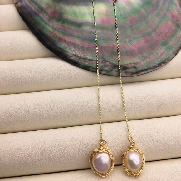 Baroque Pearl Threader Earrings - 14K Gold Plate - Picture 5 of 8